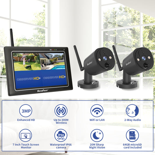 SecuFirst CWL401S2 Met 7 inch monitor en 2x Draadloze Beveiligingscamera - Zwart