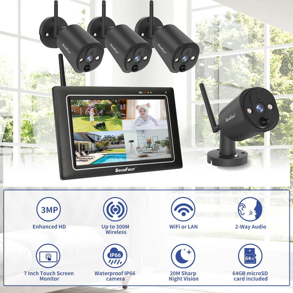 SecuFirst CWL401S4 Met 7 inch monitor en 4x Draadloze Beveiligingscamera - Zwart