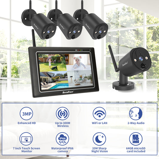 SecuFirst CWL401S4 Met 7 inch monitor en 4x Draadloze Beveiligingscamera - Zwart