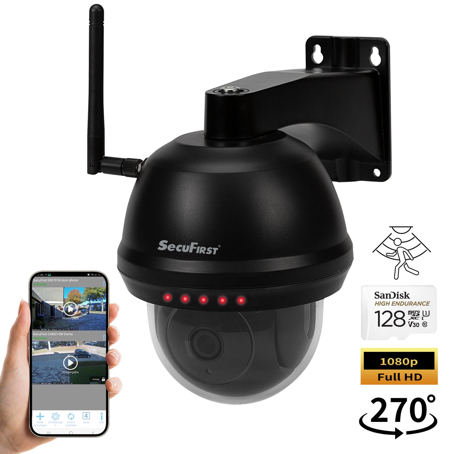 SecuFirst Wi-Fi IP-Beveiligings Dome Camera PTZ voor Buiten (CAM214Z) – Zwart - Met 128GB SD-Kaart