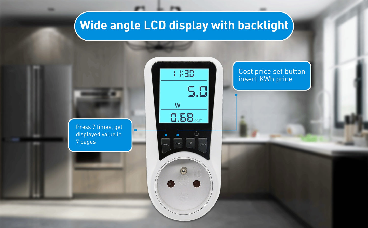 SEC24 Energiemeter met Led verlicht display - Verbruiksmeter - Stroomverbruik meter - Elektriciteitsmeter - Energie besparen - voor het meten van Watt/Ampère/Voltage/KWH (KWH230FR) BE + FR