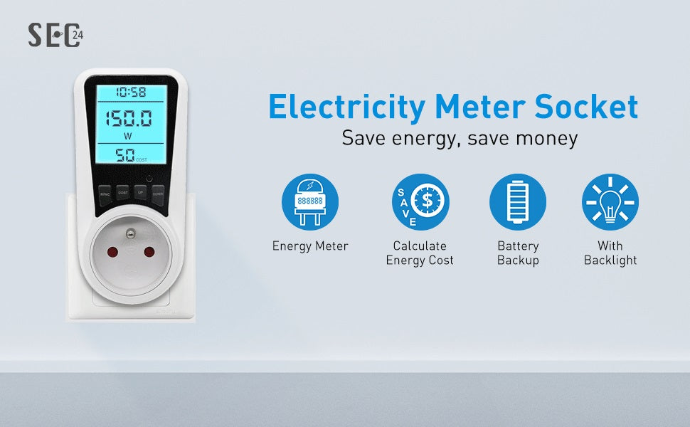 SEC24 Energiemeter met Led verlicht display - Verbruiksmeter - Stroomverbruik meter - Elektriciteitsmeter - Energie besparen - voor het meten van Watt/Ampère/Voltage/KWH (KWH230FR) BE + FR
