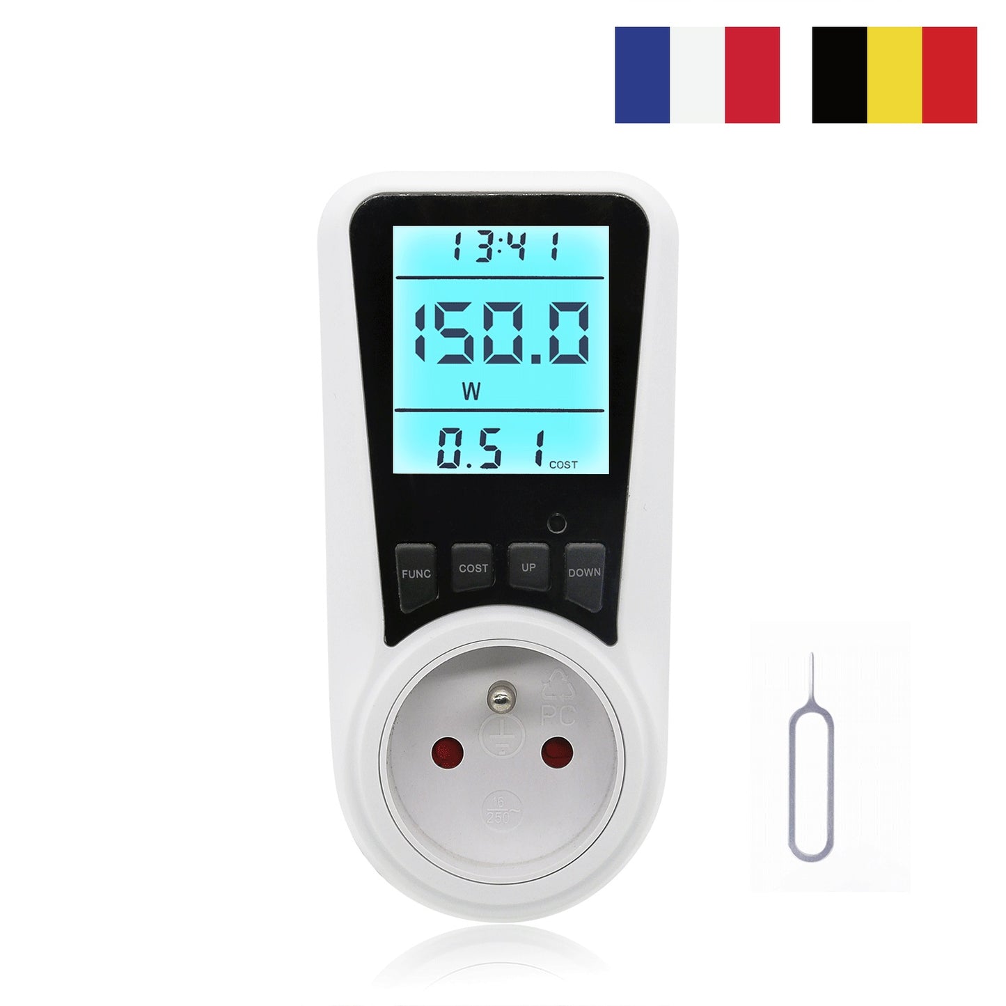 SEC24 Energiemeter met Led verlicht display - Verbruiksmeter - Stroomverbruik meter - Elektriciteitsmeter - Energie besparen - voor het meten van Watt/Ampère/Voltage/KWH (KWH230FR) BE + FR