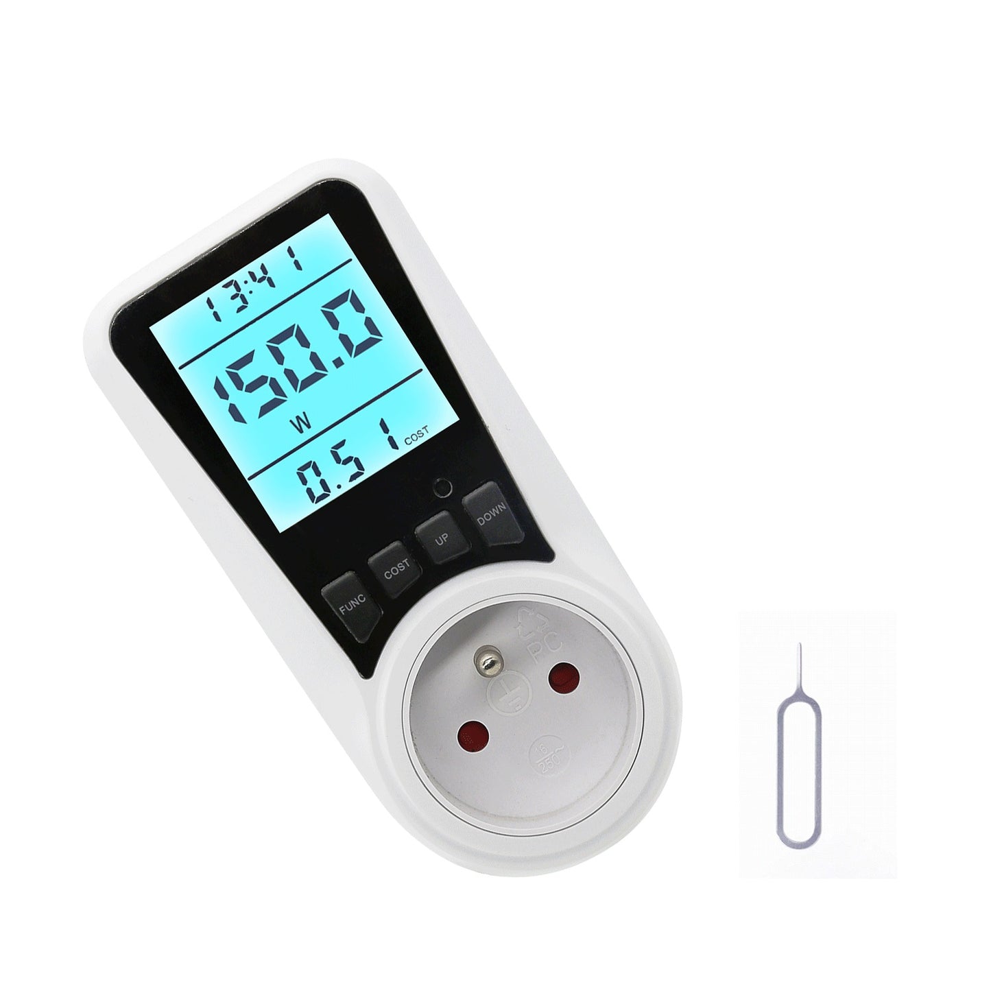SEC24 Energiemeter met Led verlicht display - Verbruiksmeter - Stroomverbruik meter - Elektriciteitsmeter - Energie besparen - voor het meten van Watt/Ampère/Voltage/KWH (KWH230FR) BE + FR