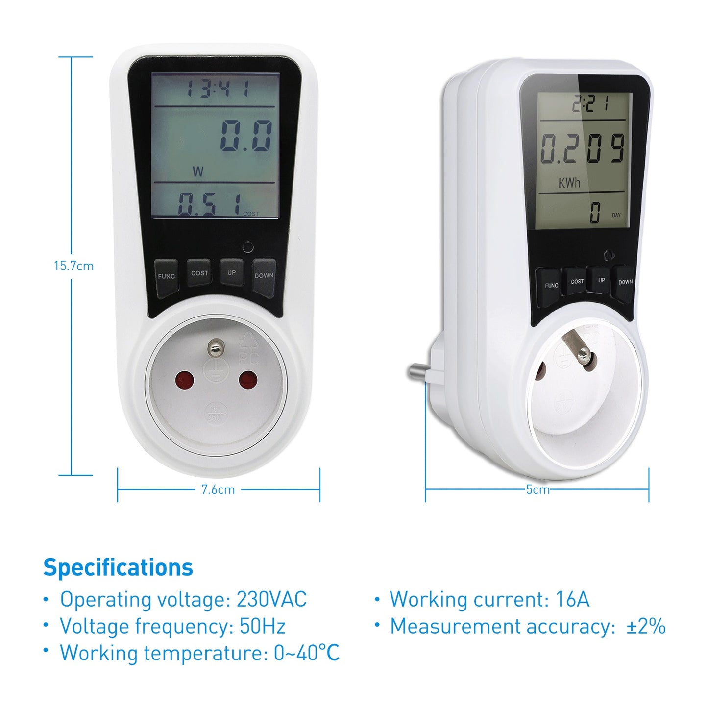SEC24 Energiemeter met Led verlicht display - Verbruiksmeter - Stroomverbruik meter - Elektriciteitsmeter - Energie besparen - voor het meten van Watt/Ampère/Voltage/KWH (KWH230FR) BE + FR