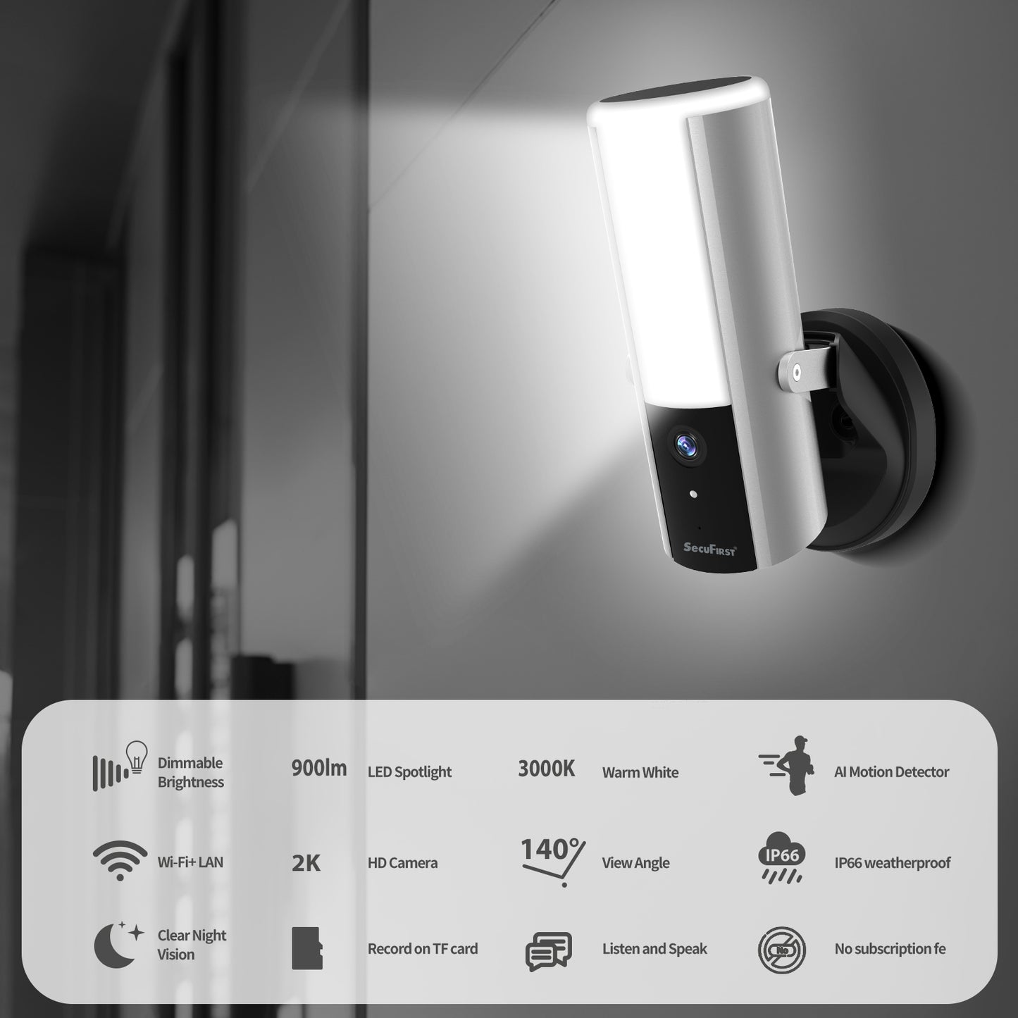 SecuFirst Dimbare Buitenlamp met geïntegreerde WiFi IP Camera 2K resolutie (LCA230)