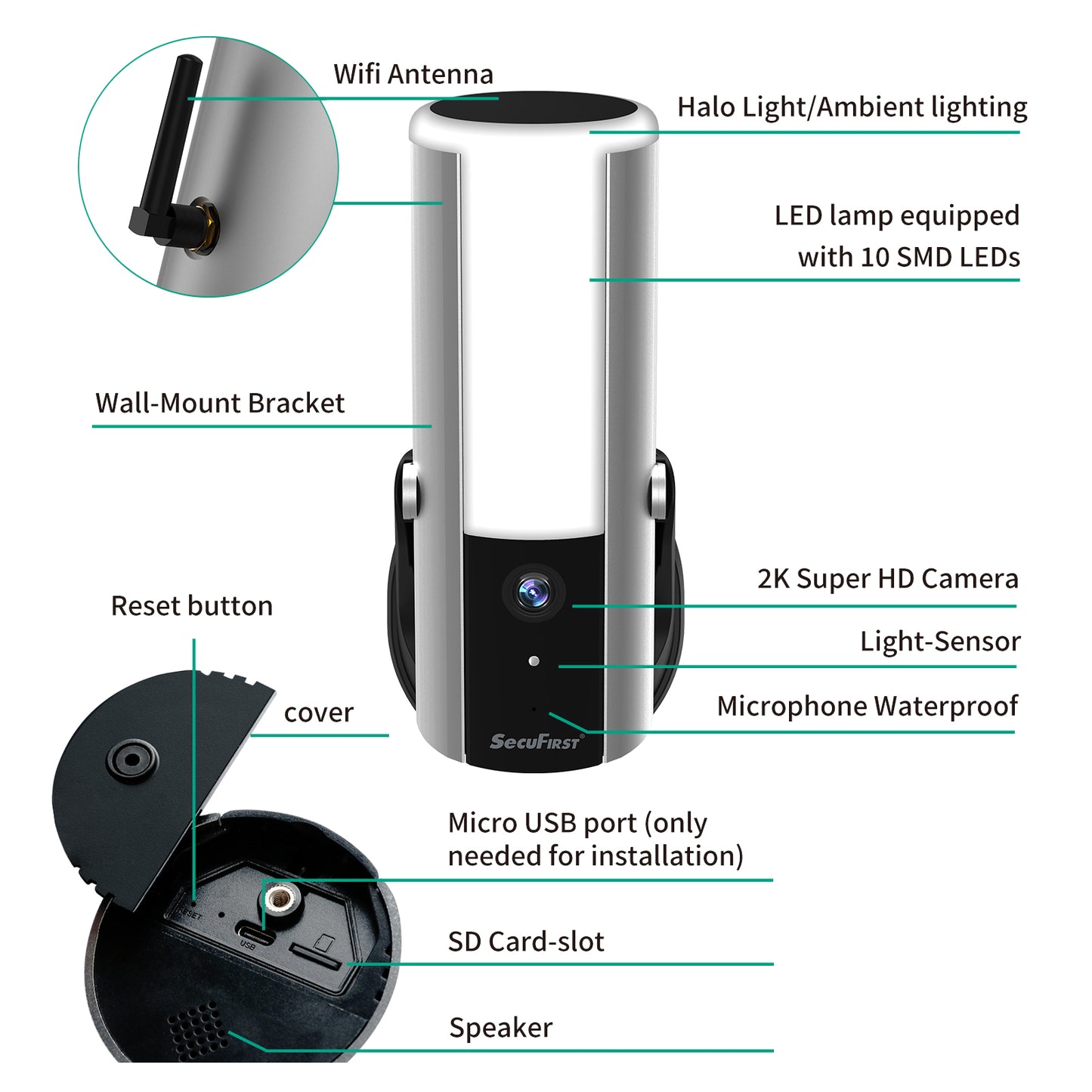 SecuFirst Dimbare Buitenlamp met geïntegreerde WiFi IP Camera 2K resolutie (LCA230)