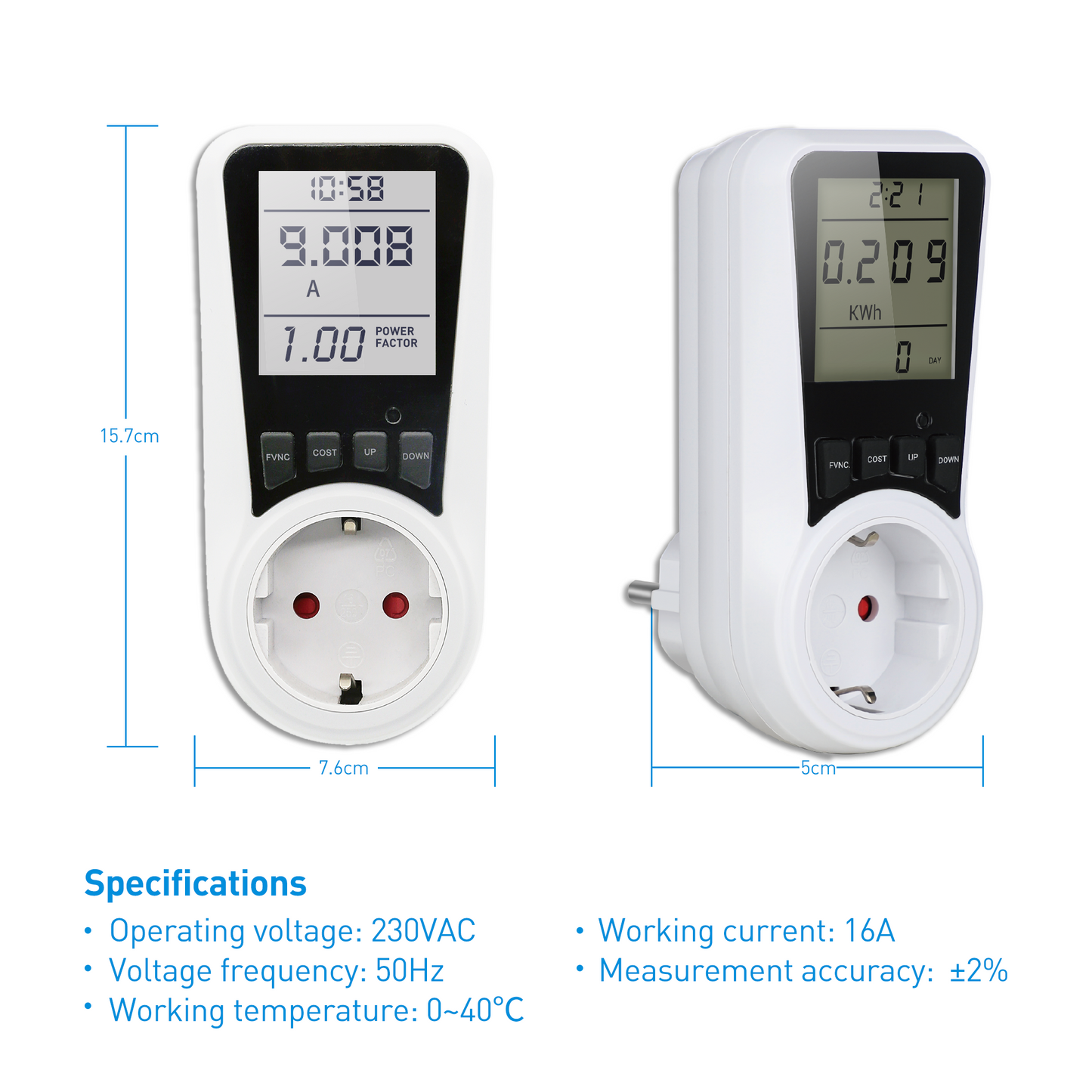 SEC24 Energiemeter met Led verlicht display - Verbruiksmeter - Stroomverbruik meter - Elektriciteitsmeter - Energie besparen - voor het meten van Watt/Ampère/Voltage/KWH (KWH230)