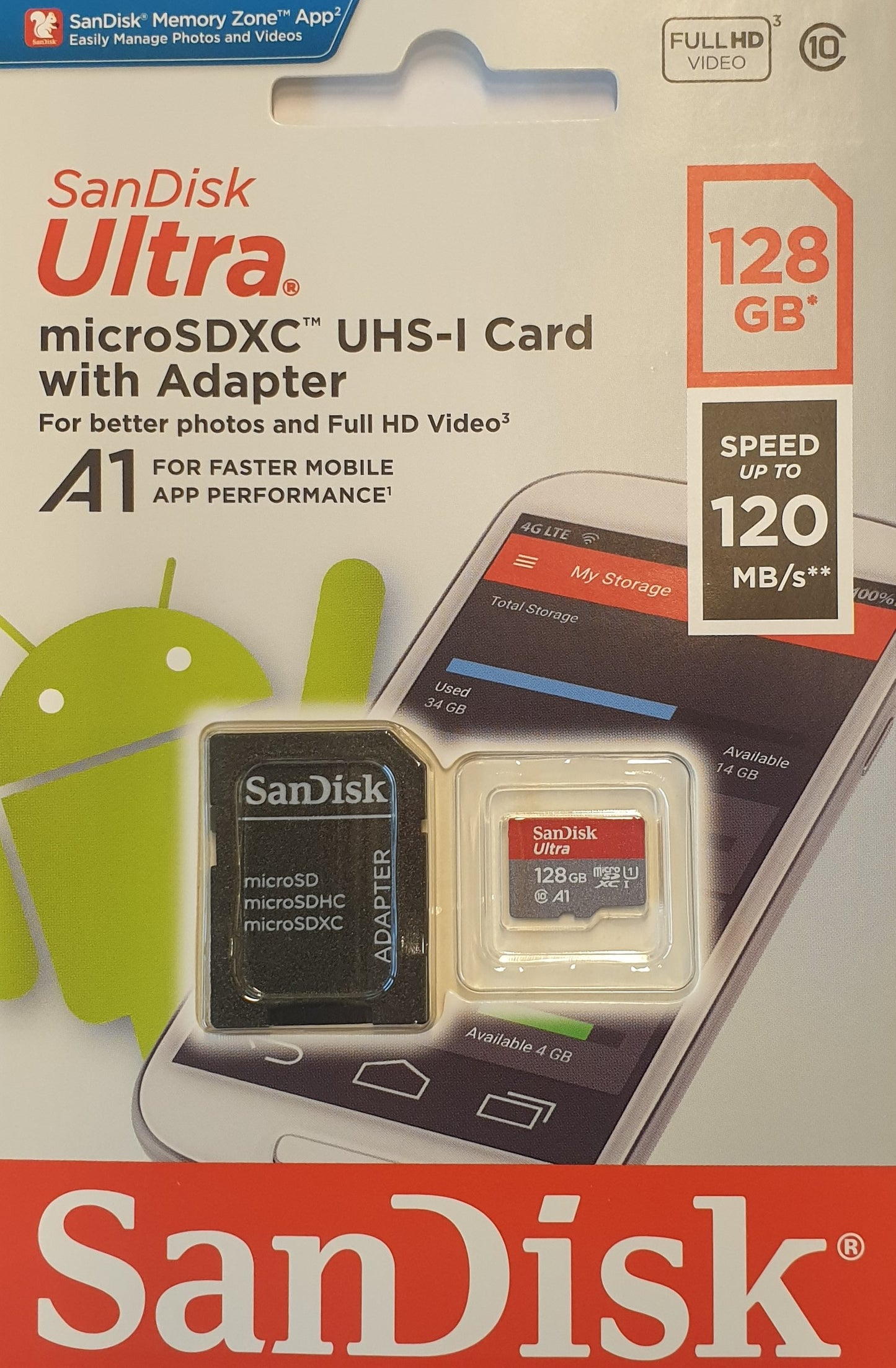 Sandisk Micro SD-card 128GB - UHS1 Class10 - met adapter