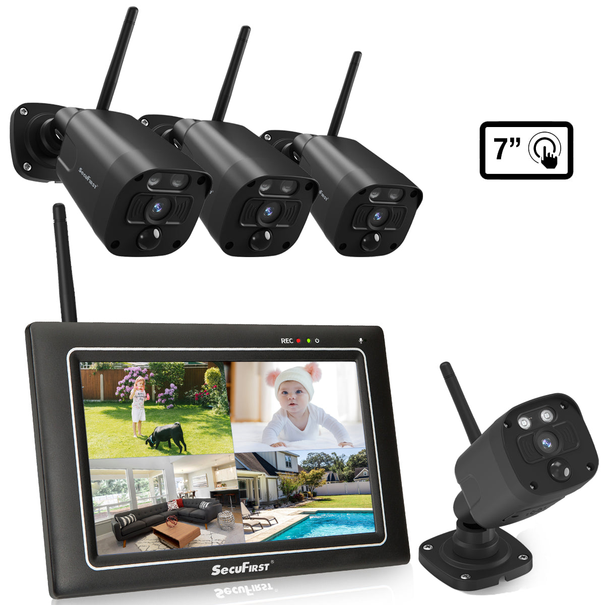 SecuFirst CWL401S4 Met 7 inch monitor en 4x Draadloze Beveiligingscamera - Zwart