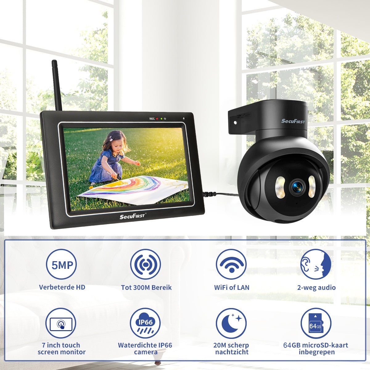 SecuFirst CWL418S Met 7 inch monitor en 1x Draaibare Beveiligingscamera - Zwart 3K