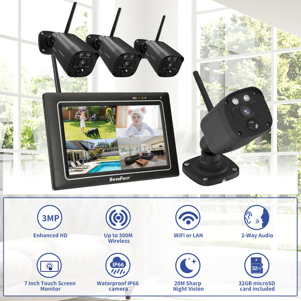 SecuFirst CWL401S4 Met 7 inch monitor en 4x Draadloze Beveiligingscamera - Zwart