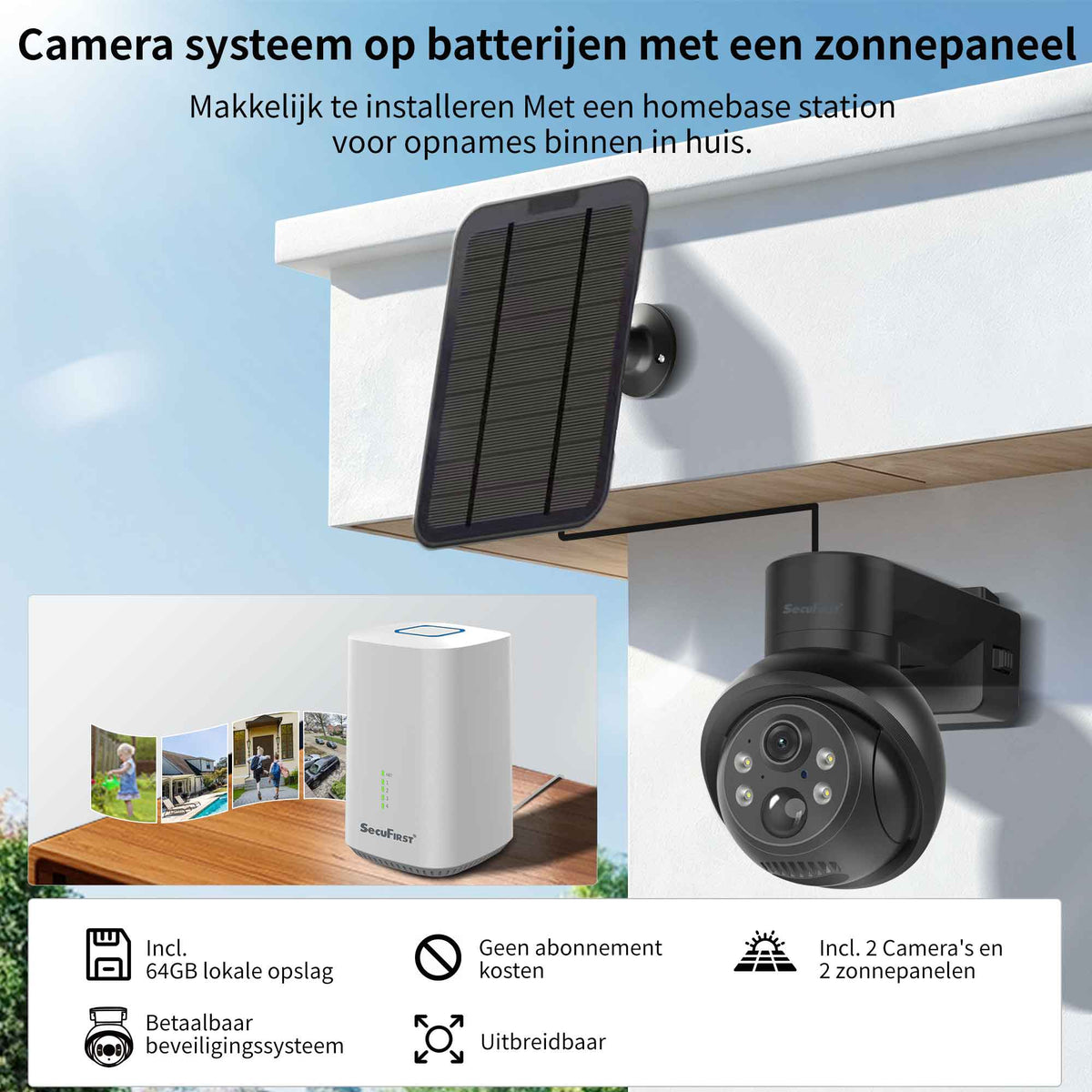 SecuFirst Pro GW219S2 Cameraset, 2x Batterij camera met zonnepaneel en Gateway - 64GB opslag Dome zwart - IP Camera draai- en kantelbaar voor buiten – 3K resolutie