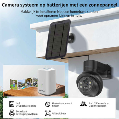 SecuFirst Pro GW219S2 Cameraset, 2x Batterij camera met zonnepaneel en Gateway - 64GB opslag Dome zwart - IP Camera draai- en kantelbaar voor buiten – 3K resolutie