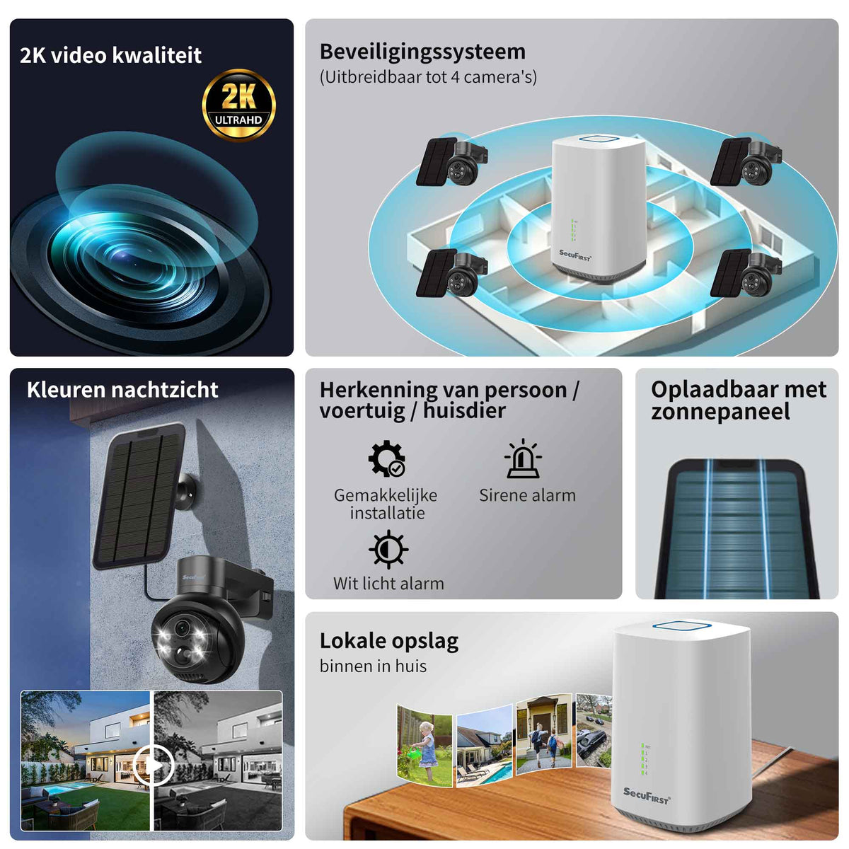 SecuFirst Pro GW219S2 Cameraset, 2x Batterij camera met zonnepaneel en Gateway - 64GB opslag Dome zwart - IP Camera draai- en kantelbaar voor buiten – 3K resolutie