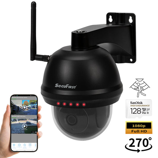 SecuFirst Wi-Fi IP-Beveiligings Dome Camera PTZ voor Buiten (CAM214Z) – Zwart - Met 128GB SD-Kaart