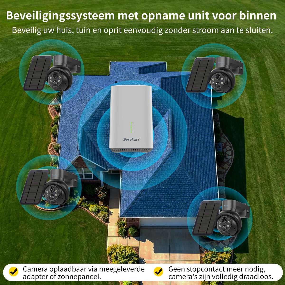 SecuFirst Pro GW219S2 Cameraset, 2x Batterij camera met zonnepaneel en Gateway - 64GB opslag Dome zwart - IP Camera draai- en kantelbaar voor buiten – 3K resolutie