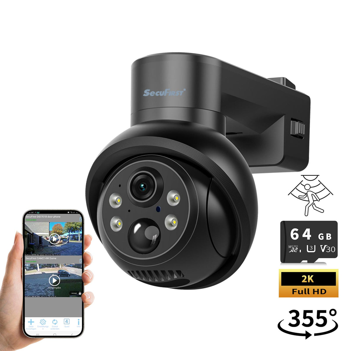 SecuFirst Pro CAM219Z Batterij camera met zonnepaneel - 64GB opslag Dome zwart - IP Camera draai- en kantelbaar voor buiten – 2K resolutie