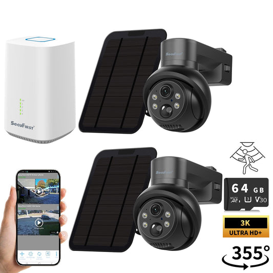 SecuFirst Pro GW219S2 Cameraset, 2x Batterij camera met zonnepaneel en Gateway - 64GB opslag Dome zwart - IP Camera draai- en kantelbaar voor buiten – 3K resolutie