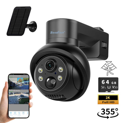 SecuFirst Pro CAM219Z Batterij camera met zonnepaneel - 64GB opslag Dome zwart - IP Camera draai- en kantelbaar voor buiten – 2K resolutie