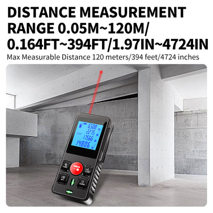 SecuFirst DM120 Digitale Afstandsmeter Laser tot 120 Meter bereik - Laserafstandmeter met Beschermhoes en Batterijen - 2 Waterpassen - Met Geheugen Metingen Opslaan