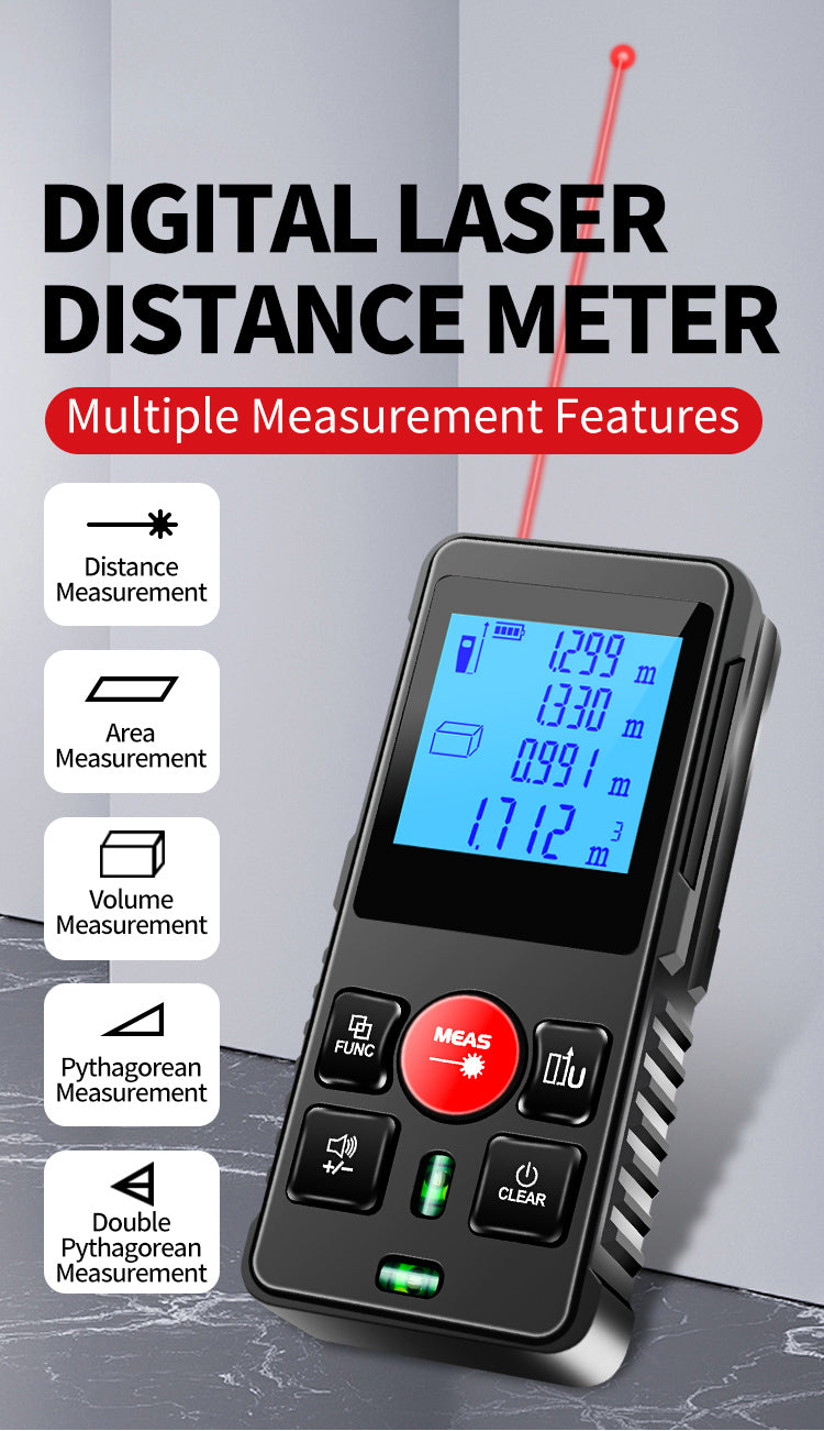SecuFirst DM120 Digitale Afstandsmeter Laser tot 120 Meter bereik - Laserafstandmeter met Beschermhoes en Batterijen - 2 Waterpassen - Met Geheugen Metingen Opslaan