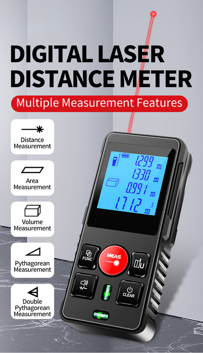 SecuFirst DM120 Digitale Afstandsmeter Laser tot 120 Meter bereik - Laserafstandmeter met Beschermhoes en Batterijen - 2 Waterpassen - Met Geheugen Metingen Opslaan