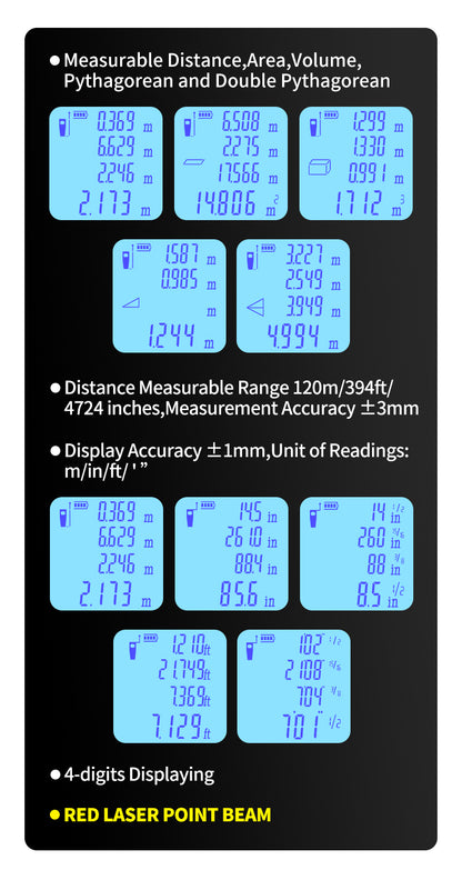 SecuFirst DM120 Digitale Afstandsmeter Laser tot 120 Meter bereik - Laserafstandmeter met Beschermhoes en Batterijen - 2 Waterpassen - Met Geheugen Metingen Opslaan