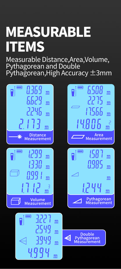 SecuFirst DM120 Digitale Afstandsmeter Laser tot 120 Meter bereik - Laserafstandmeter met Beschermhoes en Batterijen - 2 Waterpassen - Met Geheugen Metingen Opslaan