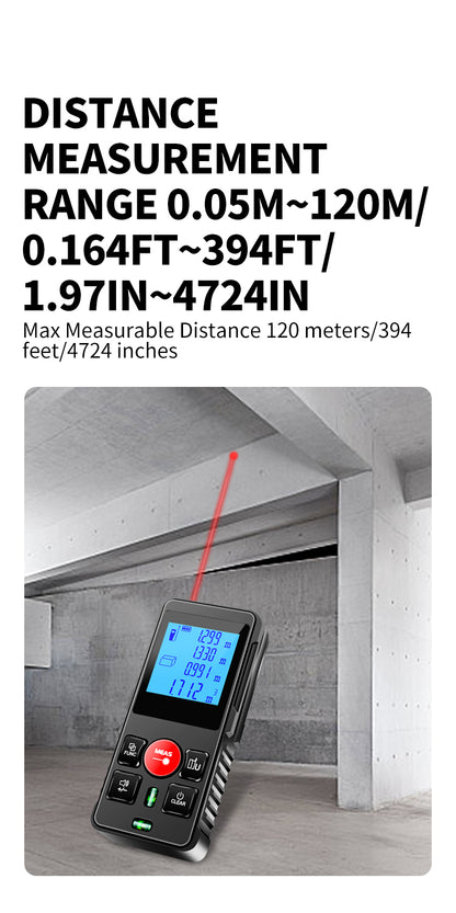 SecuFirst DM120 Digitale Afstandsmeter Laser tot 120 Meter bereik - Laserafstandmeter met Beschermhoes en Batterijen - 2 Waterpassen - Met Geheugen Metingen Opslaan