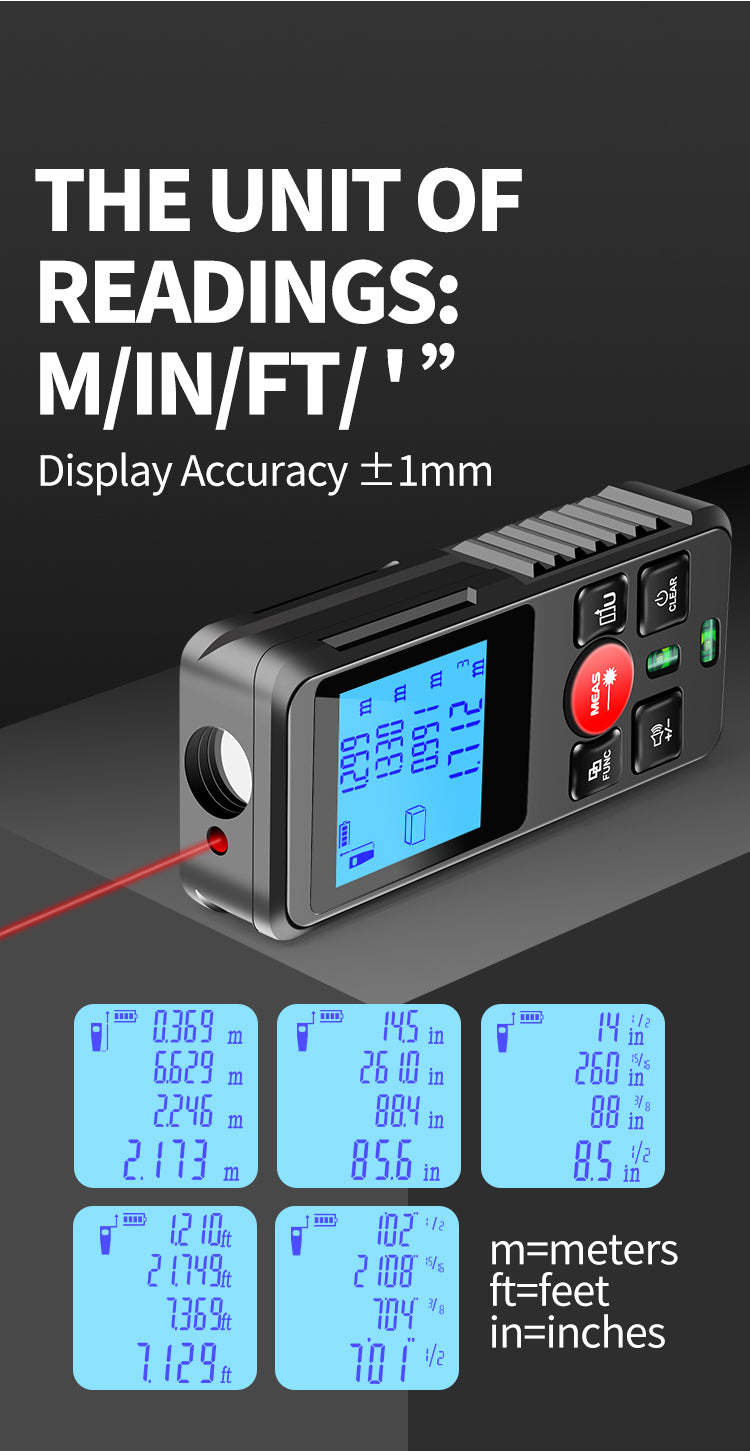 SecuFirst DM120 Digitale Afstandsmeter Laser tot 120 Meter bereik - Laserafstandmeter met Beschermhoes en Batterijen - 2 Waterpassen - Met Geheugen Metingen Opslaan