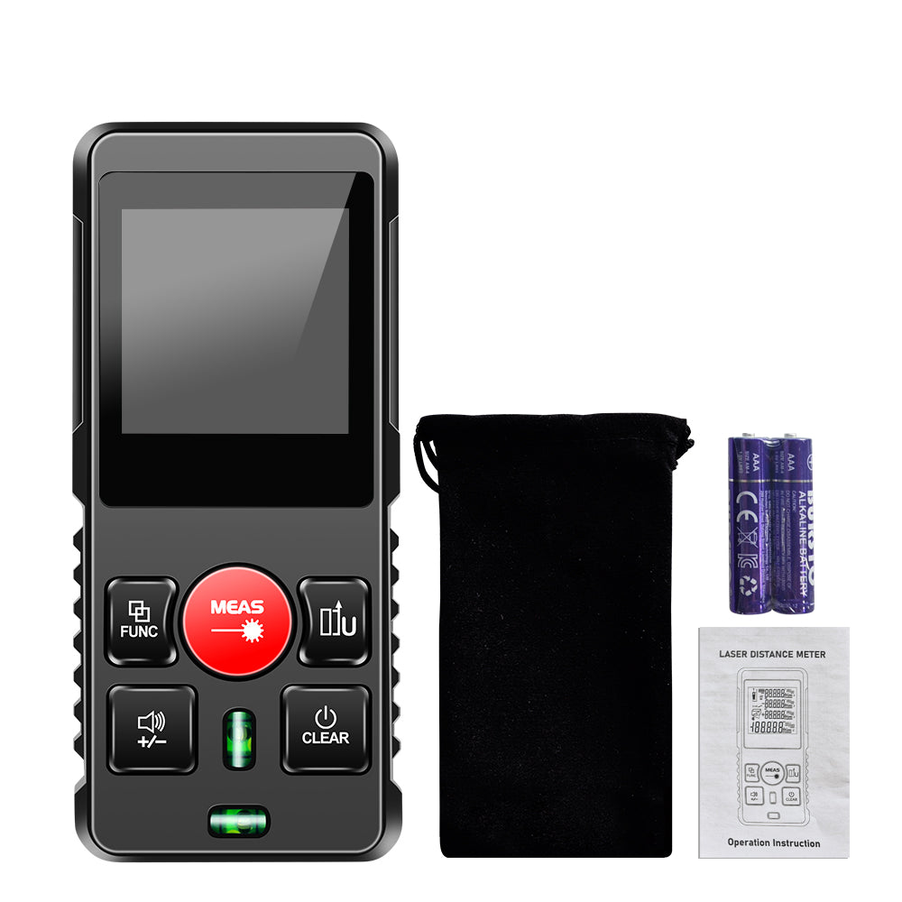 SecuFirst DM120 Digitale Afstandsmeter Laser tot 120 Meter bereik - Laserafstandmeter met Beschermhoes en Batterijen - 2 Waterpassen - Met Geheugen Metingen Opslaan