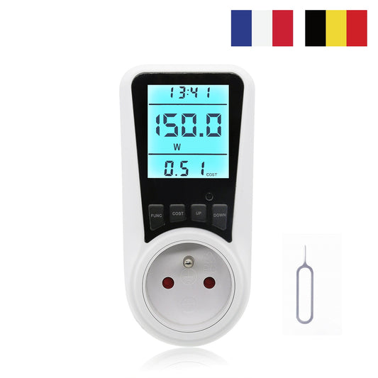 SEC24 Energiemeter met Led verlicht display - Verbruiksmeter - Stroomverbruik meter - Elektriciteitsmeter - Energie besparen - voor het meten van Watt/Ampère/Voltage/KWH (KWH230FR) BE + FR