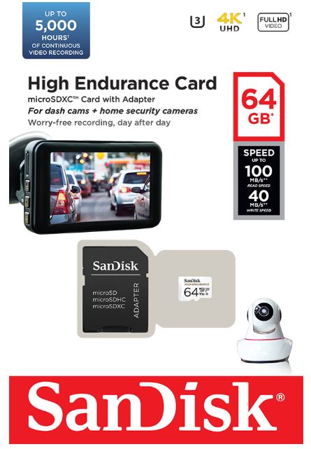 Sandisk High Endurance 64GB Micro SD kaart – Class 10 Opslag + Adapter
