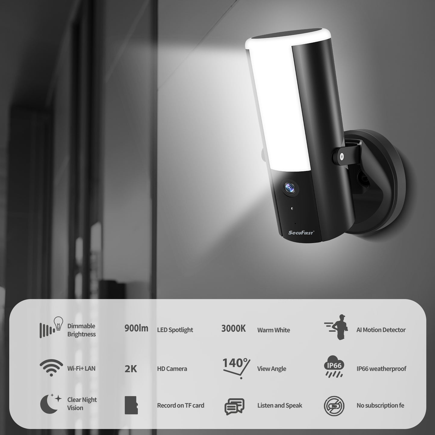 Dimbare buitenlamp met WiFi Camera  ZWART– 2K Resolutie & SD Kaart 128GB | SecuFirst