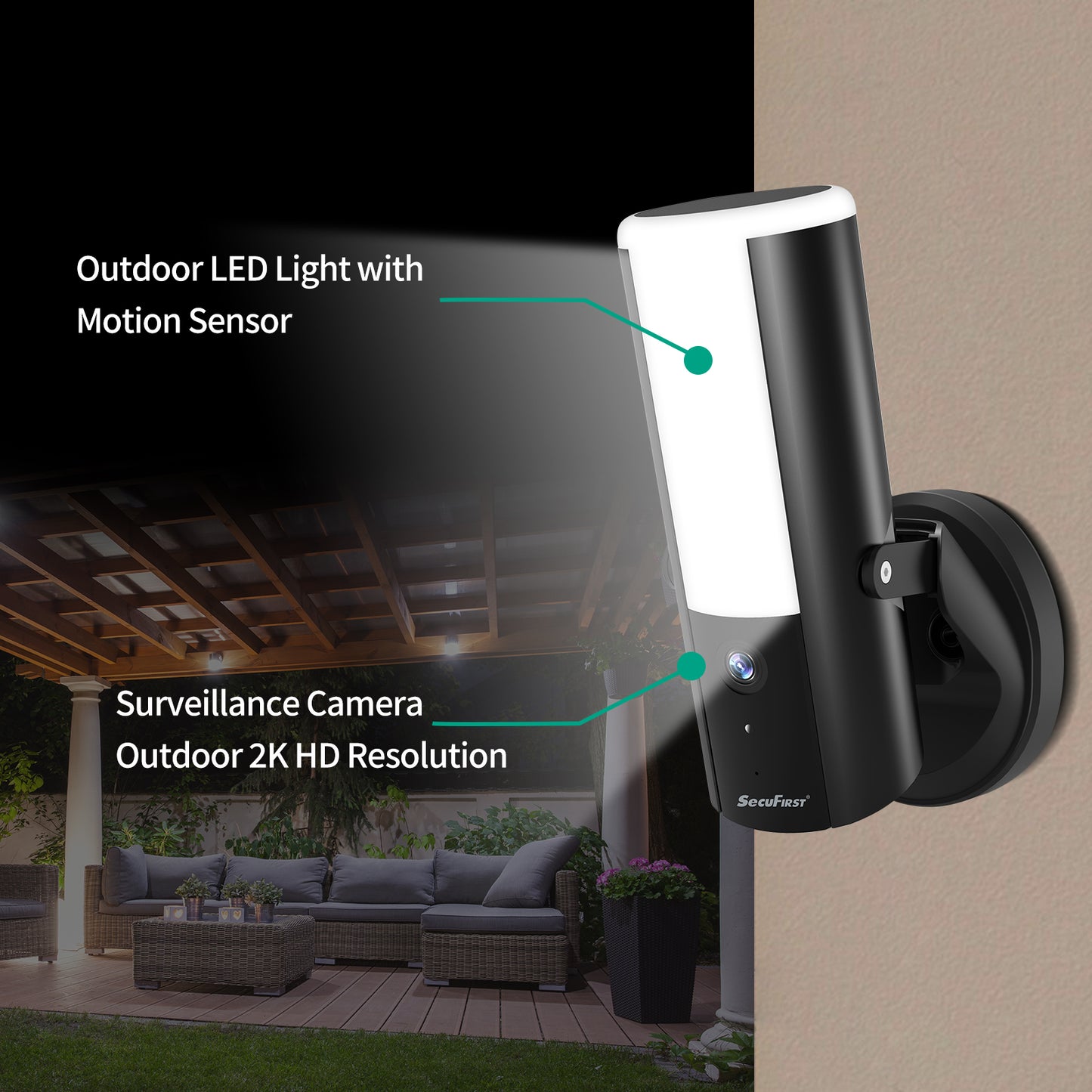 Dimbare buitenlamp met WiFi Camera  ZWART– 2K Resolutie & SD Kaart 128GB | SecuFirst