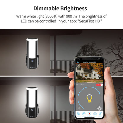 Dimbare buitenlamp met WiFi Camera  ZWART– 2K Resolutie & SD Kaart 128GB | SecuFirst