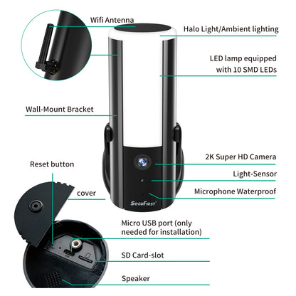 Dimbare buitenlamp met WiFi Camera  ZWART– 2K Resolutie & SD Kaart 128GB | SecuFirst