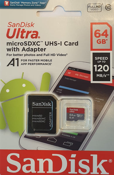 Sandisk Micro SD-card 64GB - UHS1 Class10 - met adapter