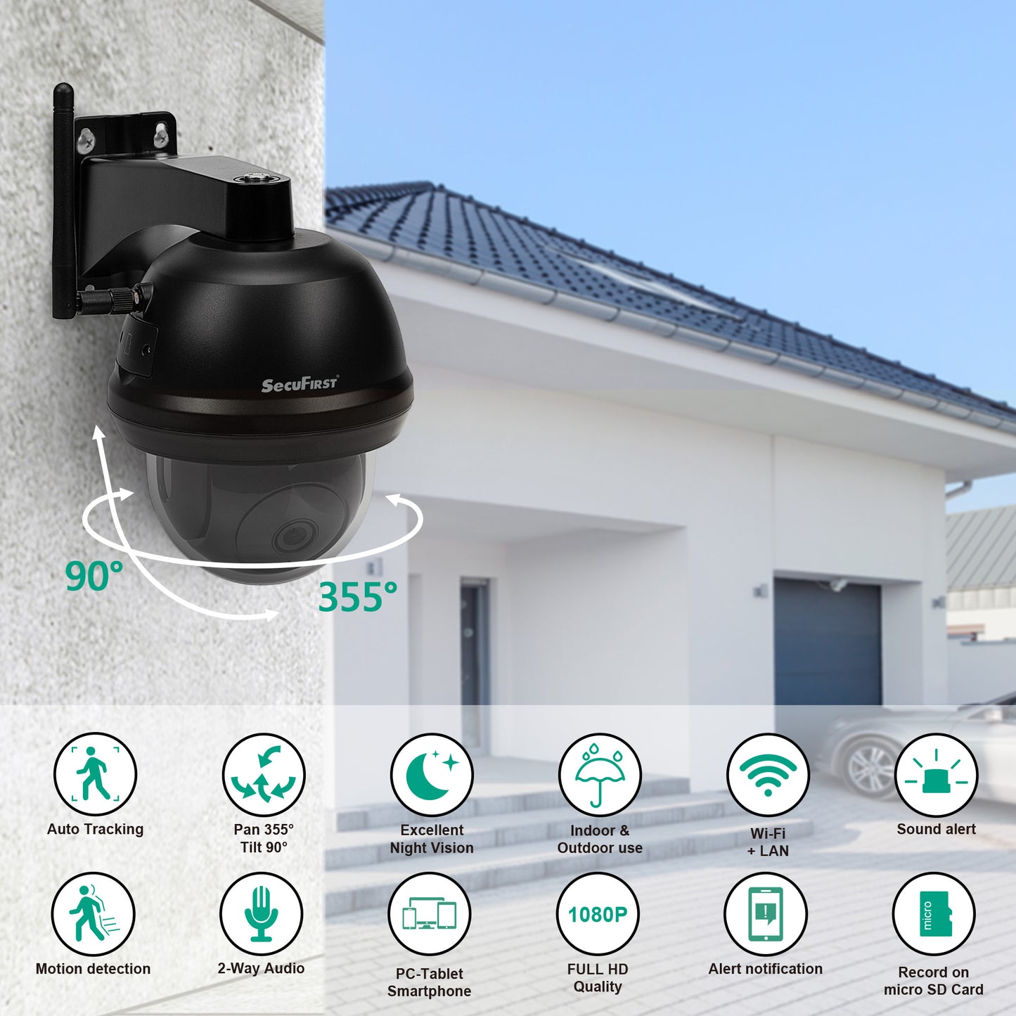 SecuFirst Wi-Fi IP-Beveiligings Dome Camera PTZ Outdoor Zwart (CAM214Z) Met 128GB Micro SD Kaart