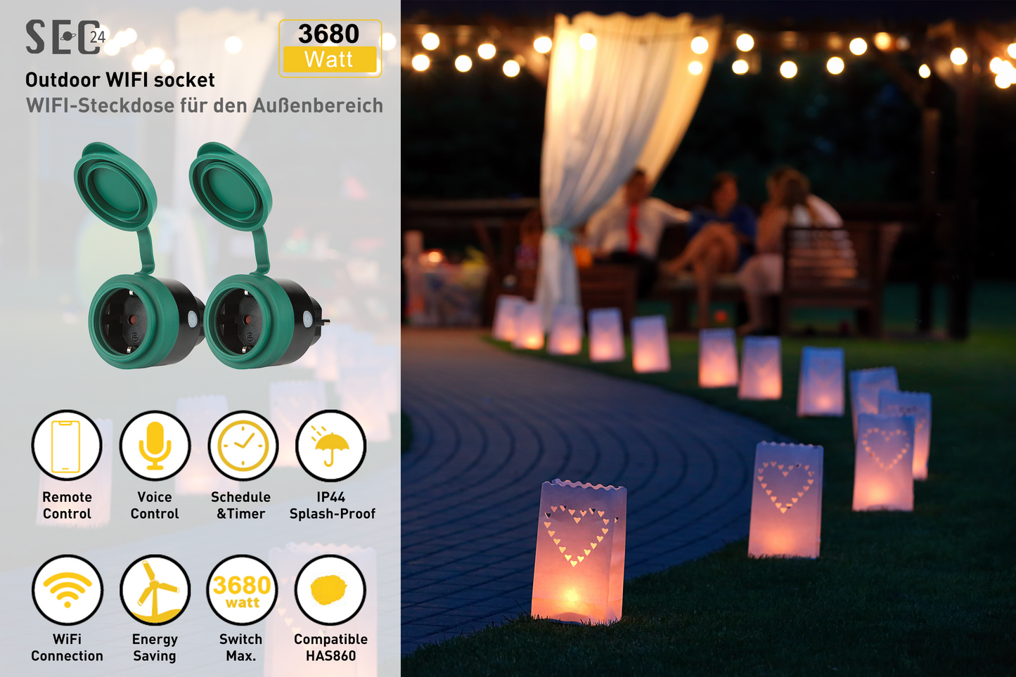 SEC24 2x Slimme stekkers WiFi plug met digitale timer 16A- Tijdschakelaar - Werkt met Google Home en Alexa - Voor buiten gebruik (HAS880V2)