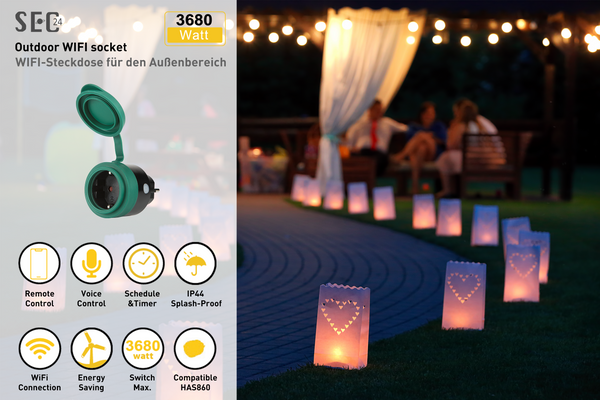 SEC24 Slimme stekker WiFi plug met digitale timer 16A- Tijdschakelaar - Energie besparing - Werkt met Google Home en Alexa - Voor buiten gebruik (HAS880)