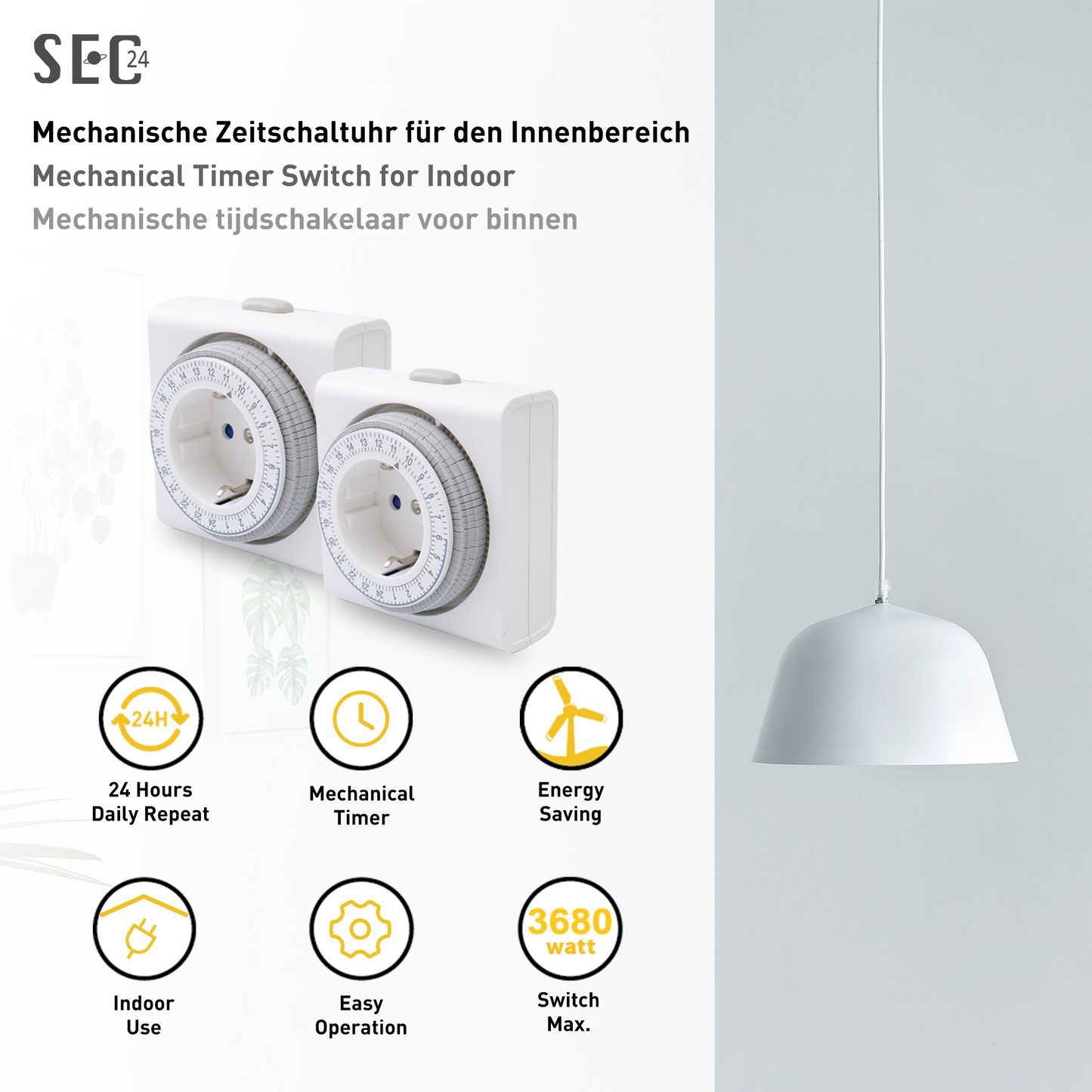 SEC24 2x Tijdschakelaar Mechanisch voor Binnen gebruik - 230V 3680W - Energie besparing (TMR101V2)