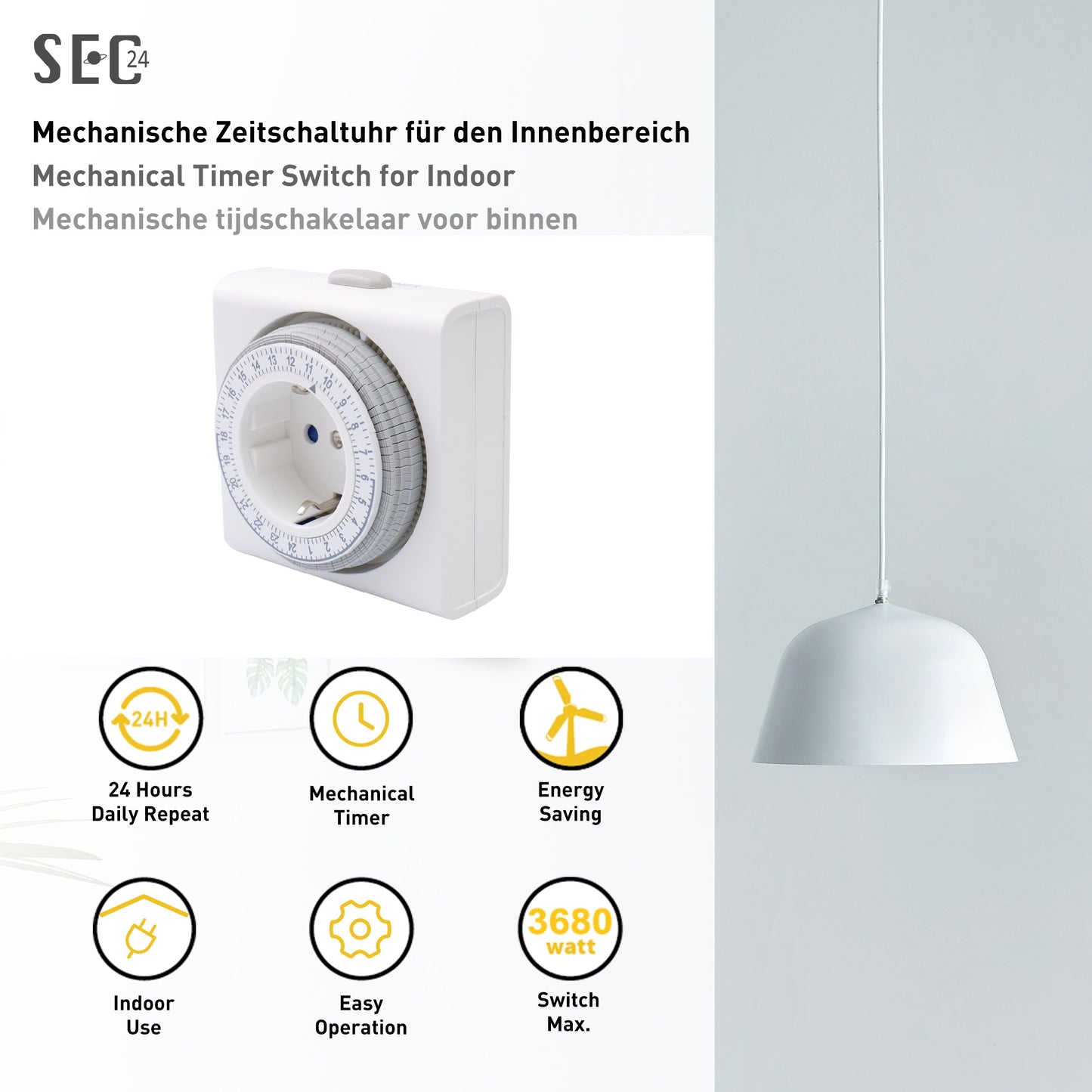 SEC24 Tijdschakelaar Mechanisch voor Binnen gebruik - 230V 3680W - Energie besparen (TMR101)